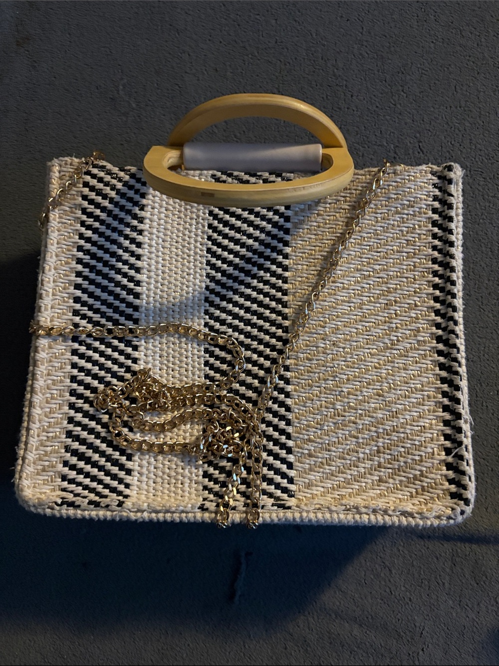 Striped Woven Clutch with Gold Chain and Wooden Handle